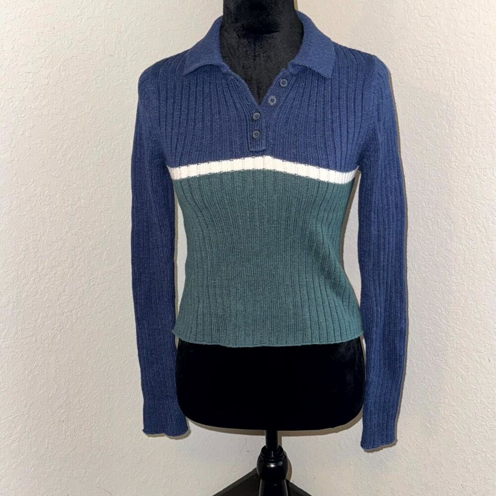 American‎ Eagle Outfitters Rugby Crop Sweater Womens S Blue Green Cotton Stretch